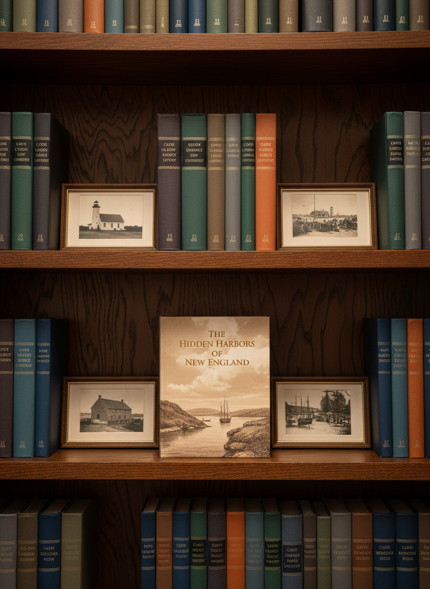 A close-up, photographic view of a dark-stained oak bookshelf filled with neatly arranged, muted-tone history volumes about New England towns, interspersed with small, framed black-and-white historical photographs. One central shelf features a particularly prominent new release, its spine slightly protruding and its cover visible at an angle, emphasizing the book as the focal point. Soft, warm studio lighting from above creates gentle highlights on the wood grain and faint reflections on the protective photo glass, while maintaining an overall subdued palette. Shot straight on with moderate depth of field for clarity across the shelf, the image feels refined, archival, and quietly authoritative, suitable for a professional local history publisher.