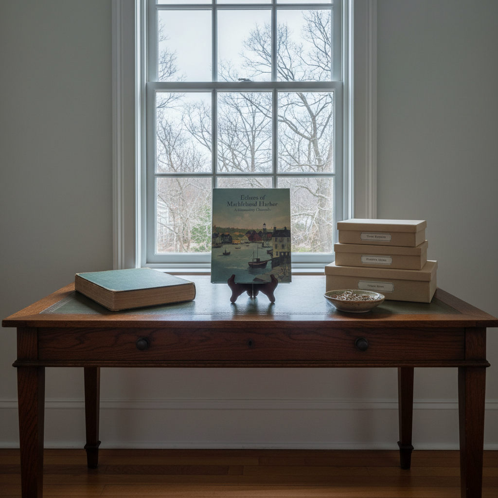 A serene corner of a traditional New England study, with a solid heritage oak writing desk positioned beneath a mullioned window overlooking indistinct, leafless trees. On the desk, an upright, prominently displayed hardback local history title leans on a simple wooden stand, its understated cover art hinting at an old town harbor scene. Surrounding it are a cloth-bound ledger, a stack of archival boxes, and a small ceramic dish holding vintage metal paperclips. Overcast daylight filters through the window, bathing the room in soft, cool light and casting elongated, gentle shadows. Captured at an eye-level angle with a slightly wide frame, the photographic realism and restrained color palette evoke a calm, professional atmosphere of historical preservation.
