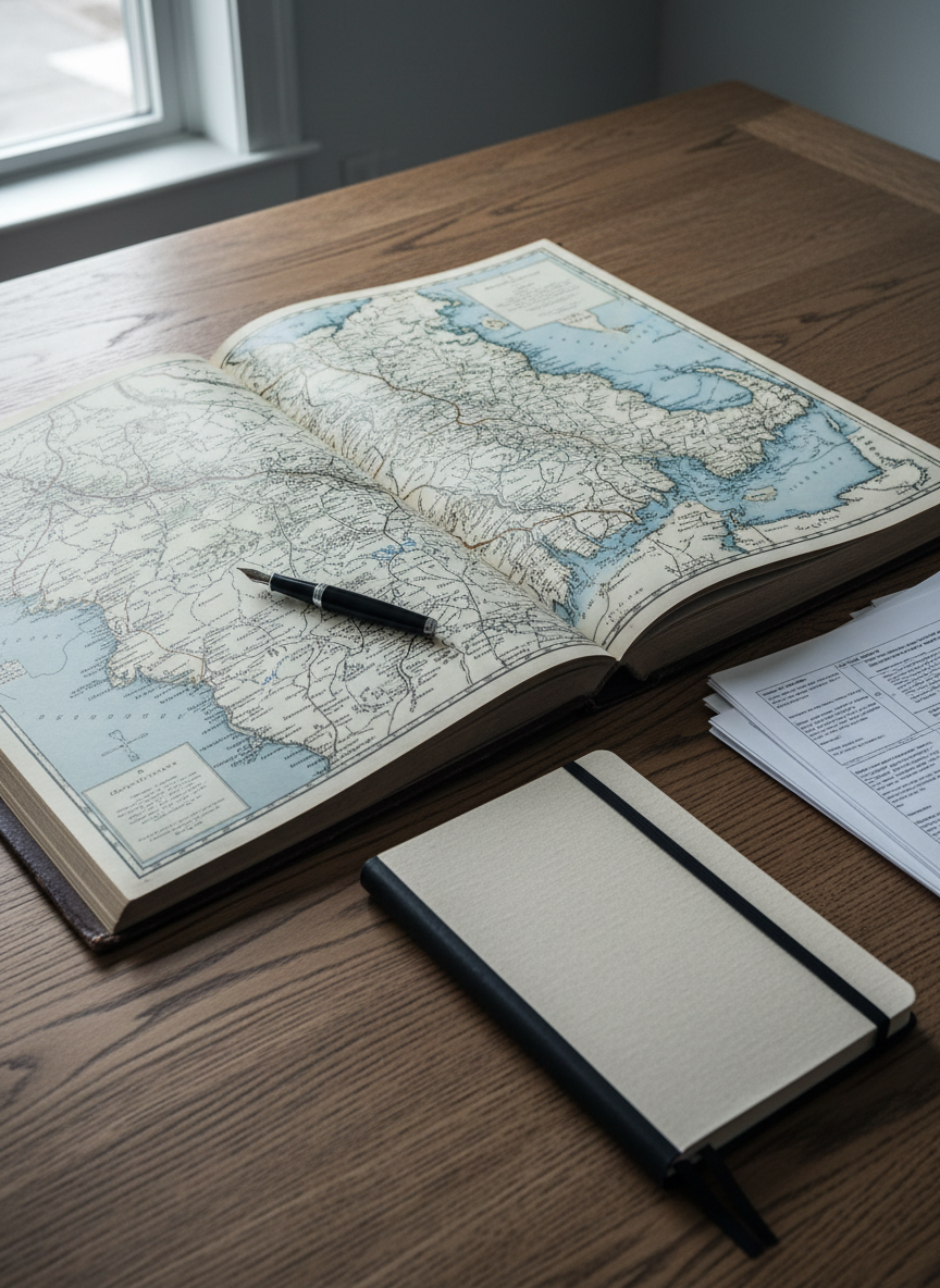 A tidy editorial workspace featuring a large, open historical New England atlas spread across a broad oak table, its aged, slightly yellowed pages showing intricate town maps and coastal outlines. Beside it rest a fountain pen, a linen-textured notebook, and a neatly stacked pile of galleys with visible but unreadable layout markings. Soft, cool daylight from a nearby north-facing window washes over the surface, revealing subtle paper textures and casting understated shadows. Photographed from a high, three-quarter angle with crisp focus, the scene feels contemplative and methodical, emphasizing the careful, scholarly process behind preserving regional stories, with a muted, desaturated color palette that underscores professionalism.