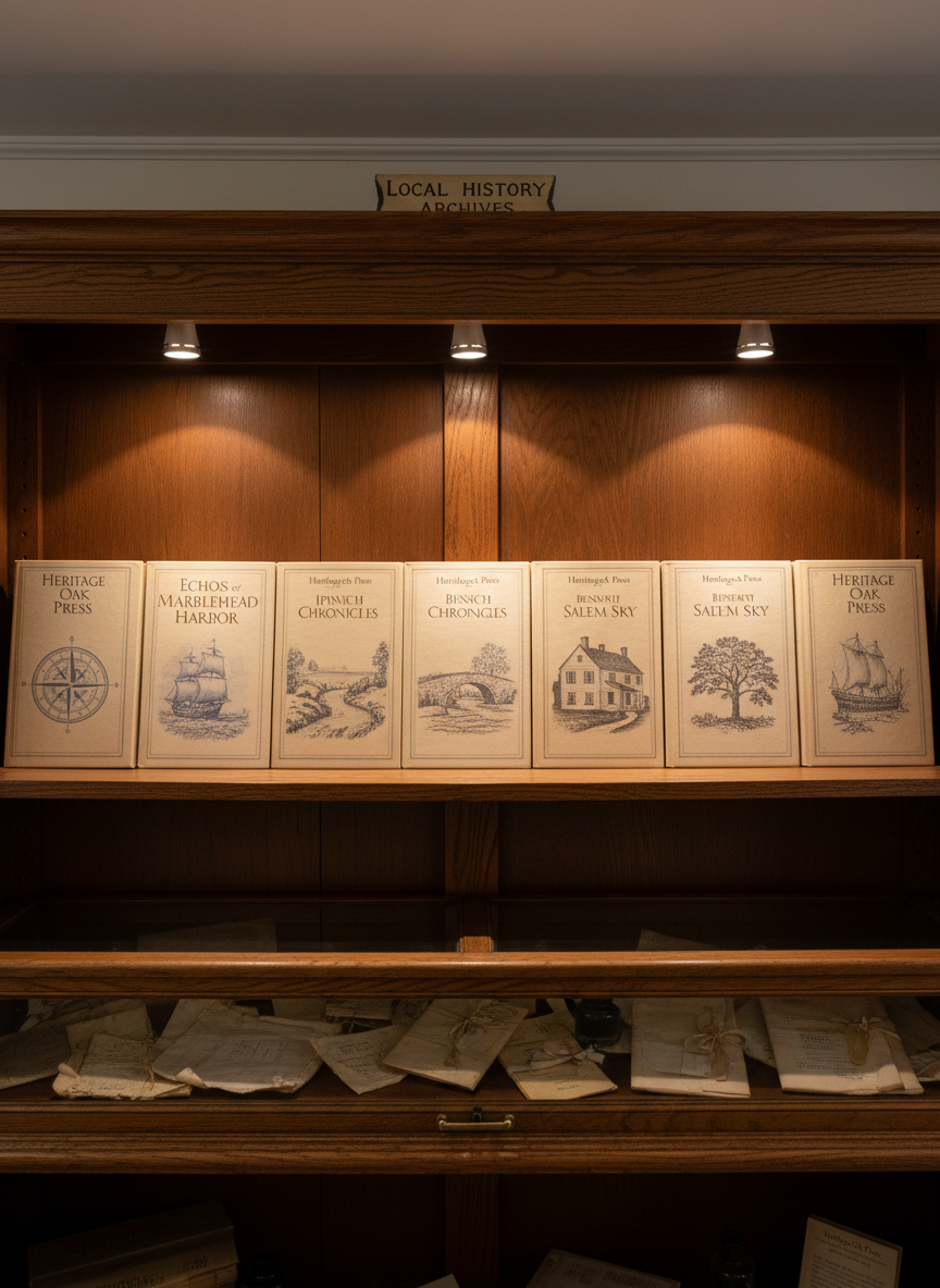 A meticulously arranged display shelf in a small New England historical society, featuring a central row of Heritage Oak Press titles standing upright with their covers entirely visible and large in frame. Each cover shows understated, period-inspired artwork in muted blues, grays, and sepia tones. Below them, a glass case holds indistinct aged documents and folded letters, suggesting primary sources. Soft track lighting above the shelf casts gentle pools of warm light on the covers, creating subtle highlights while keeping contrast moderate. Photographed straight on with moderate depth of field, the image feels curated and professional, emphasizing the press’s role in translating archival material into accessible local history books.