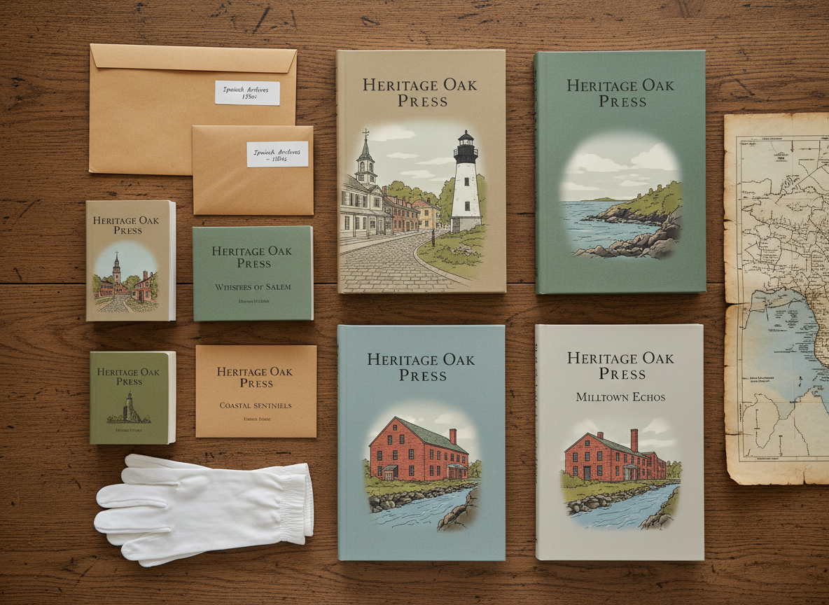 A carefully curated flat-lay of multiple Heritage Oak Press book covers arranged across a broad, slightly worn oak tabletop, each cover featuring subdued earth-tone backgrounds and delicate illustrations of New England townscapes, lighthouses, and mill buildings. The books are interspersed with small archival artifacts: labeled manila envelopes, cotton gloves, and a faded map corner. Soft, diffused top lighting creates a gentle, even illumination without glare, emphasizing the matte finishes and fine textures of the covers. The camera looks straight down with sharp focus edge to edge, producing a clean, organized composition that communicates a professional, cohesive catalog of local history titles with a calm, archival mood.